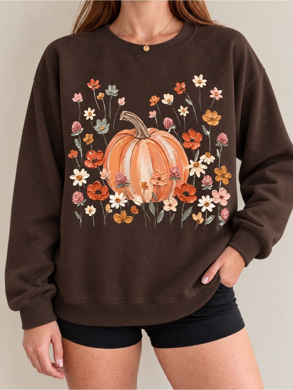 Gildan 18000 Pumpkin Floral Brown Sweatshirt